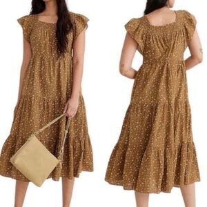 Madewell Daisy Stitch Ruffle Sleeve Tiered Midi Dress Weathered Olive Size Large